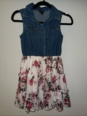 Zunie Denim-Top Floral Tiered Dress - Blue and Pink